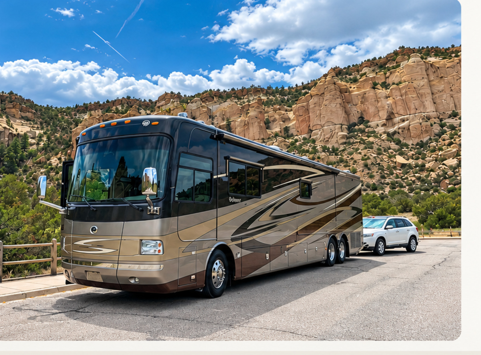 Premier motor coach with its tow car