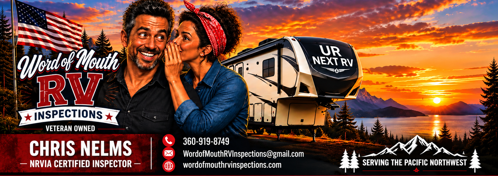 Word of Mouth RV Inspections banner featuring an American flag, Chris and his partner, a fifth-wheel RV at sunset, contact information, and Pacific Northwest service area